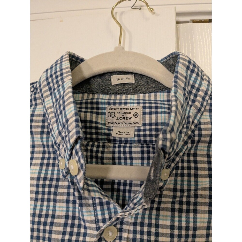 J Crew Slim Fit Large Blue White Gingham Check Button Down Collar Cotton Shirt
